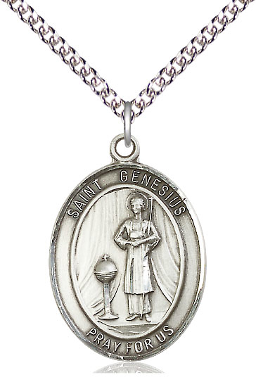 Sterling Silver Saint Genesius of Rome Pendant on a 24 inch Sterling Silver Heavy Curb chain