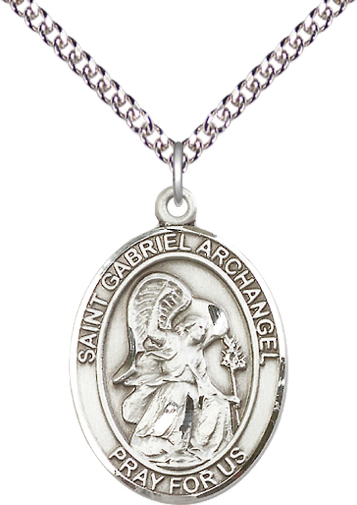 Sterling Silver Saint Gabriel the Archangel Pendant on a 24 inch Sterling Silver Heavy Curb chain