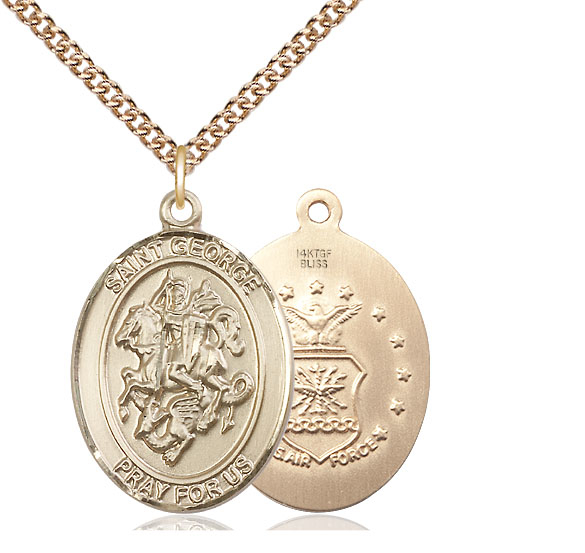 14kt Gold Filled Saint George Air Force Pendant on a 24 inch Gold Filled Heavy Curb chain