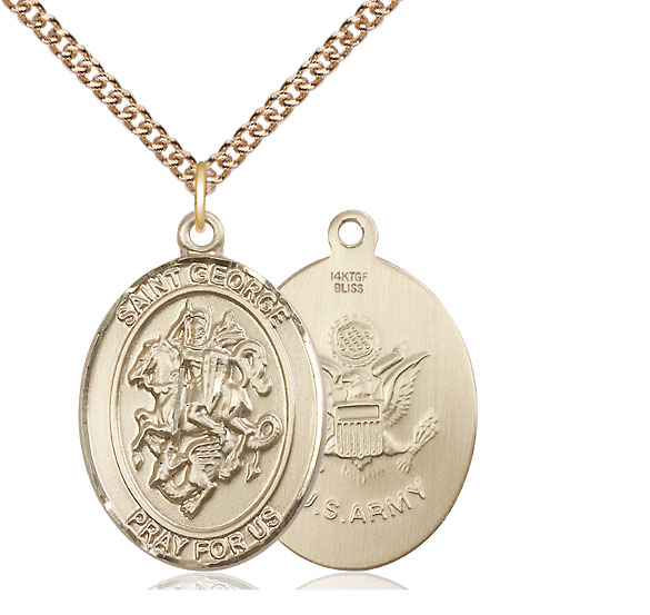 14kt Gold Filled Saint George Army Pendant on a 24 inch Gold Filled Heavy Curb chain