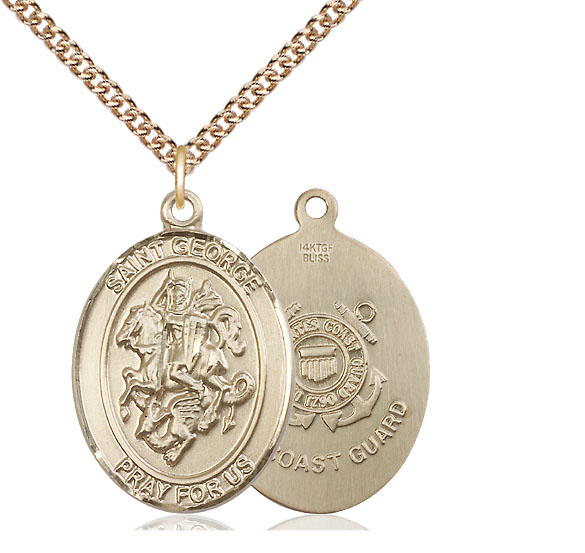 14kt Gold Filled Saint George Coast Guard Pendant on a 24 inch Gold Filled Heavy Curb chain