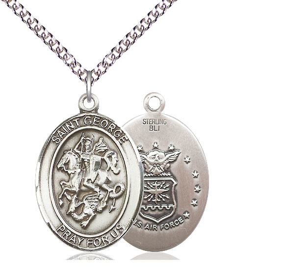 Sterling Silver Saint George Air Force Pendant on a 24 inch Sterling Silver Heavy Curb chain