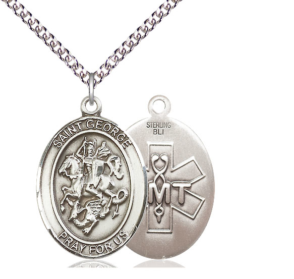 Sterling Silver Saint George EMT Pendant on a 24 inch Sterling Silver Heavy Curb chain