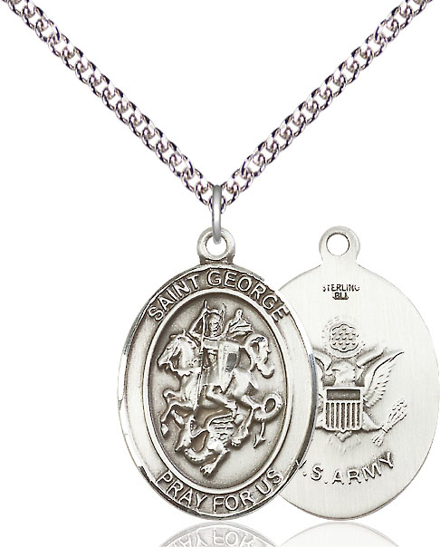 Sterling Silver Saint George Army Pendant on a 24 inch Sterling Silver Heavy Curb chain