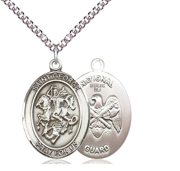 Sterling Silver Saint George National Guard Pendant on a 24 inch Sterling Silver Heavy Curb chain