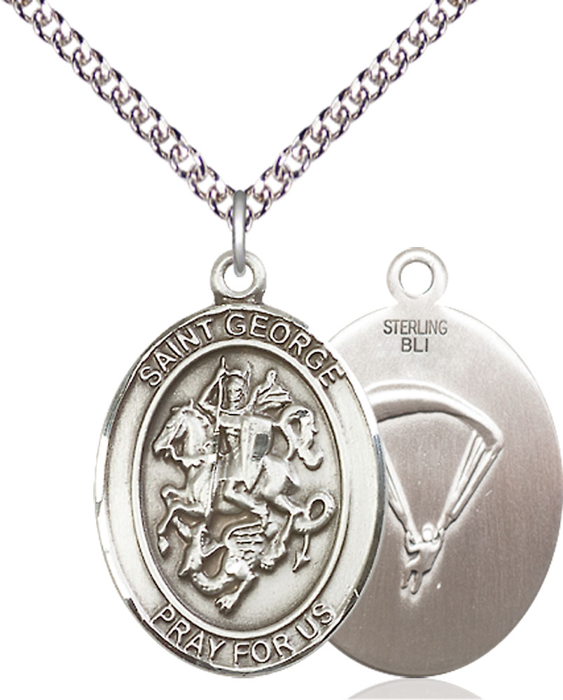 Sterling Silver Saint George Paratrooper Pendant on a 24 inch Sterling Silver Heavy Curb chain