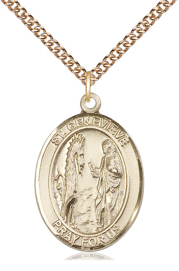 14kt Gold Filled Saint Genevieve Pendant on a 24 inch Gold Filled Heavy Curb chain