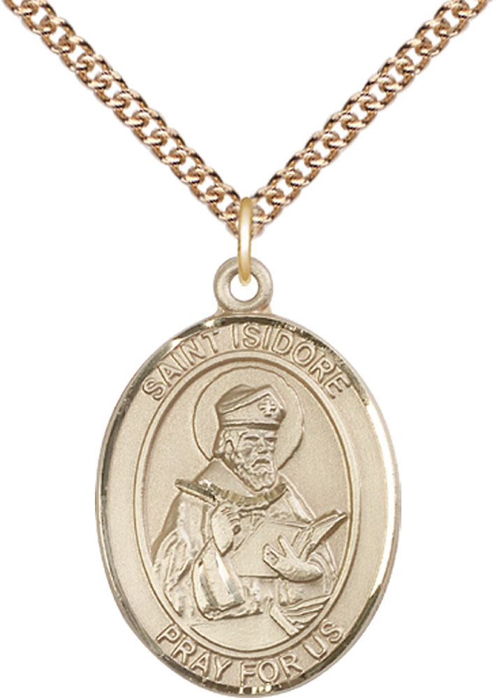 14kt Gold Filled Saint Isidore of Seville Pendant on a 24 inch Gold Filled Heavy Curb chain