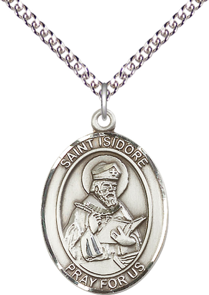 Sterling Silver Saint Isidore of Seville Pendant on a 24 inch Sterling Silver Heavy Curb chain
