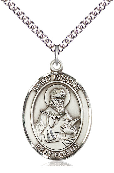 Sterling Silver Saint Isidore of Seville Pendant on a 24 inch Sterling Silver Heavy Curb chain