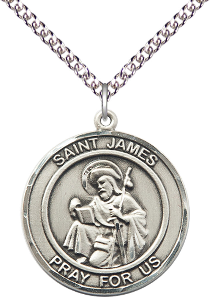 Sterling Silver Saint James the Greater Pendant on a 24 inch Sterling Silver Heavy Curb chain