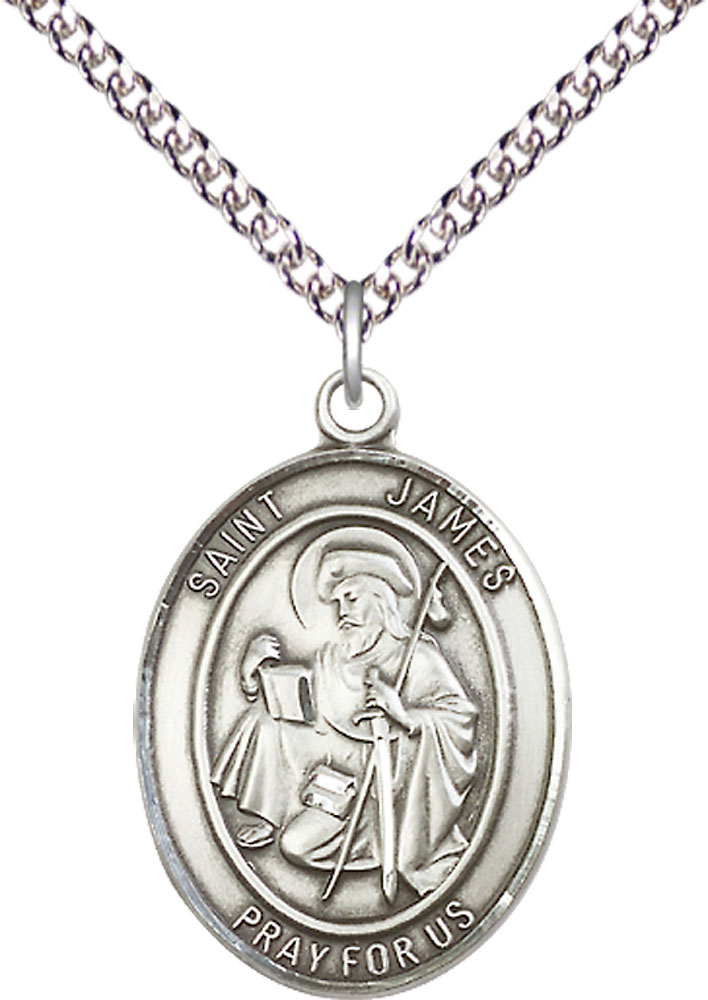 Sterling Silver Saint James the Greater Pendant on a 24 inch Sterling Silver Heavy Curb chain