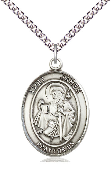 Sterling Silver Saint James the Greater Pendant on a 24 inch Sterling Silver Heavy Curb chain