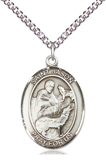 Sterling Silver Saint Jason Pendant on a 24 inch Sterling Silver Heavy Curb chain