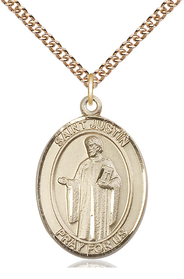 14kt Gold Filled Saint Justin Pendant on a 24 inch Gold Filled Heavy Curb chain