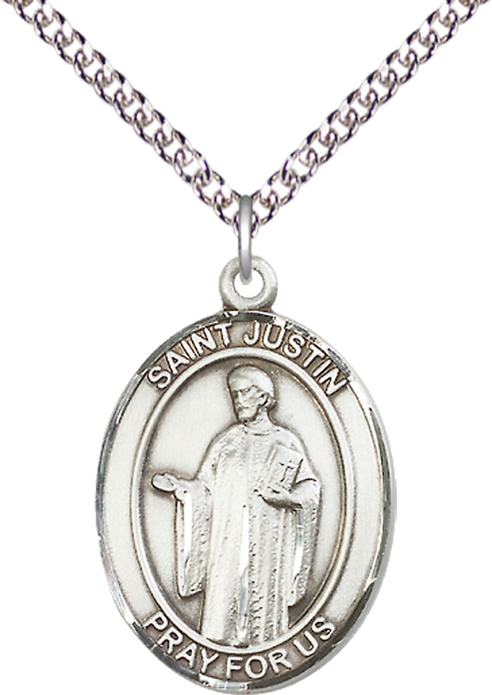 Sterling Silver Saint Justin Pendant on a 24 inch Sterling Silver Heavy Curb chain