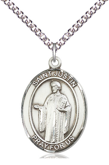 Sterling Silver Saint Justin Pendant on a 24 inch Sterling Silver Heavy Curb chain