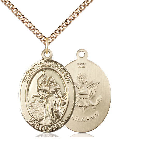 14kt Gold Filled Saint Joan of Arc Army Pendant on a 24 inch Gold Filled Heavy Curb chain