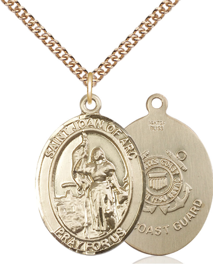 14kt Gold Filled Saint Joan of Arc  Coast Guard Pendant on a 24 inch Gold Filled Heavy Curb chain