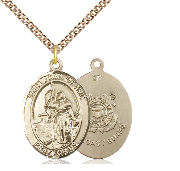 14kt Gold Filled Saint Joan of Arc  Coast Guard Pendant on a 24 inch Gold Filled Heavy Curb chain