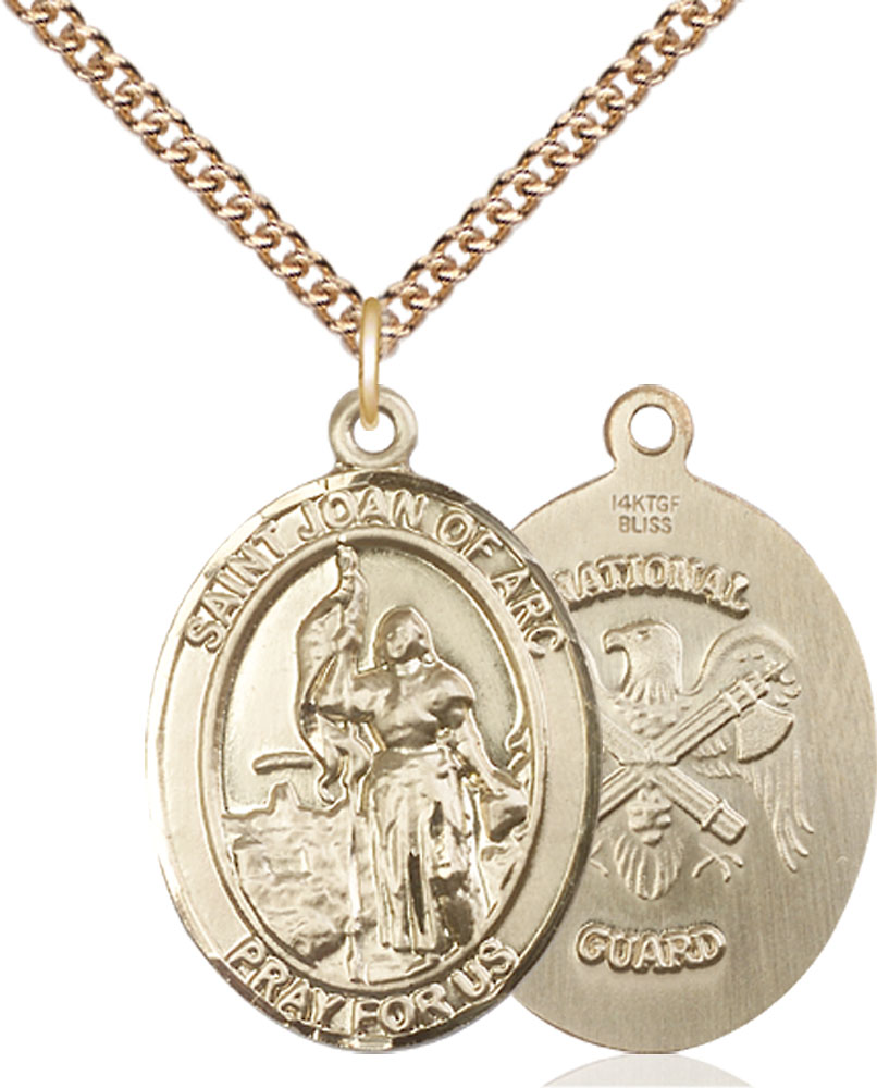 14kt Gold Filled Saint Joan of Arc National Guard Pendant on a 24 inch Gold Filled Heavy Curb chain