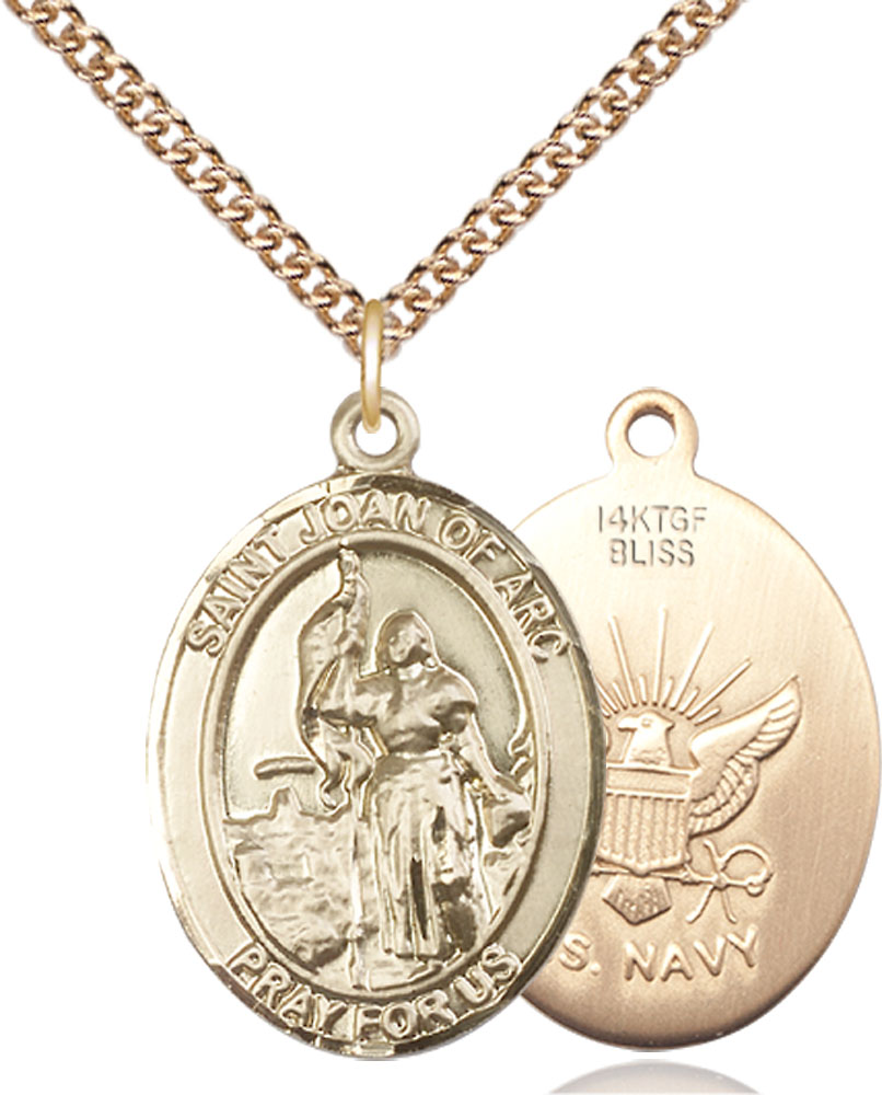 14kt Gold Filled Saint Joan of Arc Navy Pendant on a 24 inch Gold Filled Heavy Curb chain