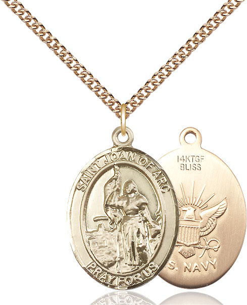 14kt Gold Filled Saint Joan of Arc Navy Pendant on a 24 inch Gold Filled Heavy Curb chain