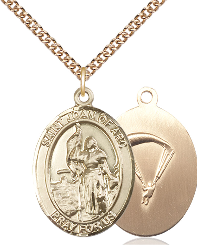 14kt Gold Filled Saint Joan of Arc Paratrooper Pendant on a 24 inch Gold Filled Heavy Curb chain