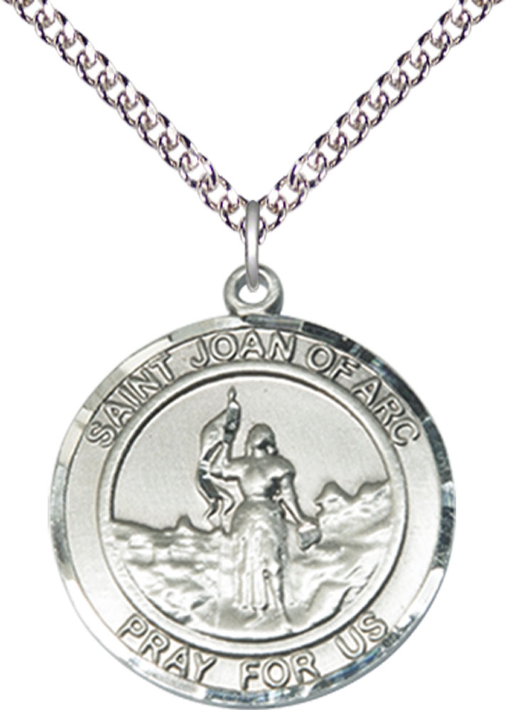 Sterling Silver Saint Joan of Arc Pendant on a 24 inch Sterling Silver Heavy Curb chain