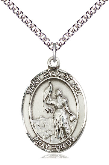 Sterling Silver Saint Joan of Arc Pendant on a 24 inch Sterling Silver Heavy Curb chain