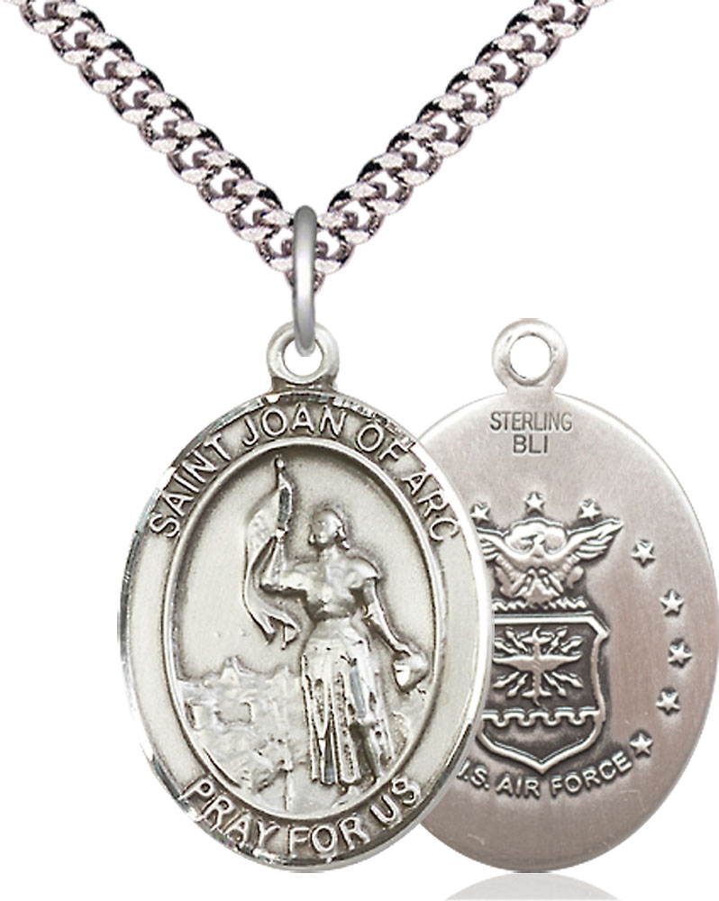 Sterling Silver Saint Joan of Arc Air Force Pendant on a 24 inch Light Rhodium Heavy Curb chain