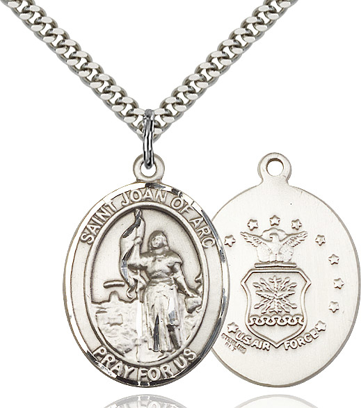 Sterling Silver Saint Joan of Arc Air Force Pendant on a 24 inch Light Rhodium Heavy Curb chain