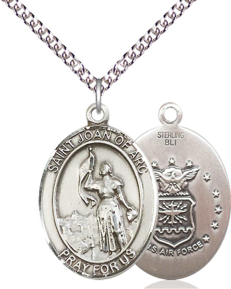 Sterling Silver Saint Joan of Arc Air Force Pendant on a 24 inch Sterling Silver Heavy Curb chain