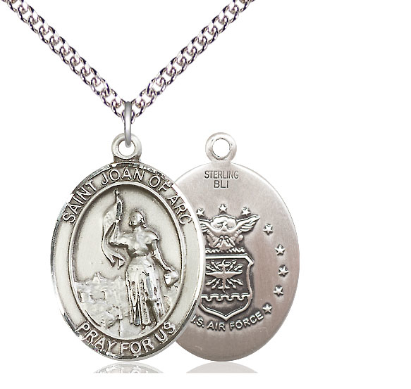 Sterling Silver Saint Joan of Arc Air Force Pendant on a 24 inch Sterling Silver Heavy Curb chain