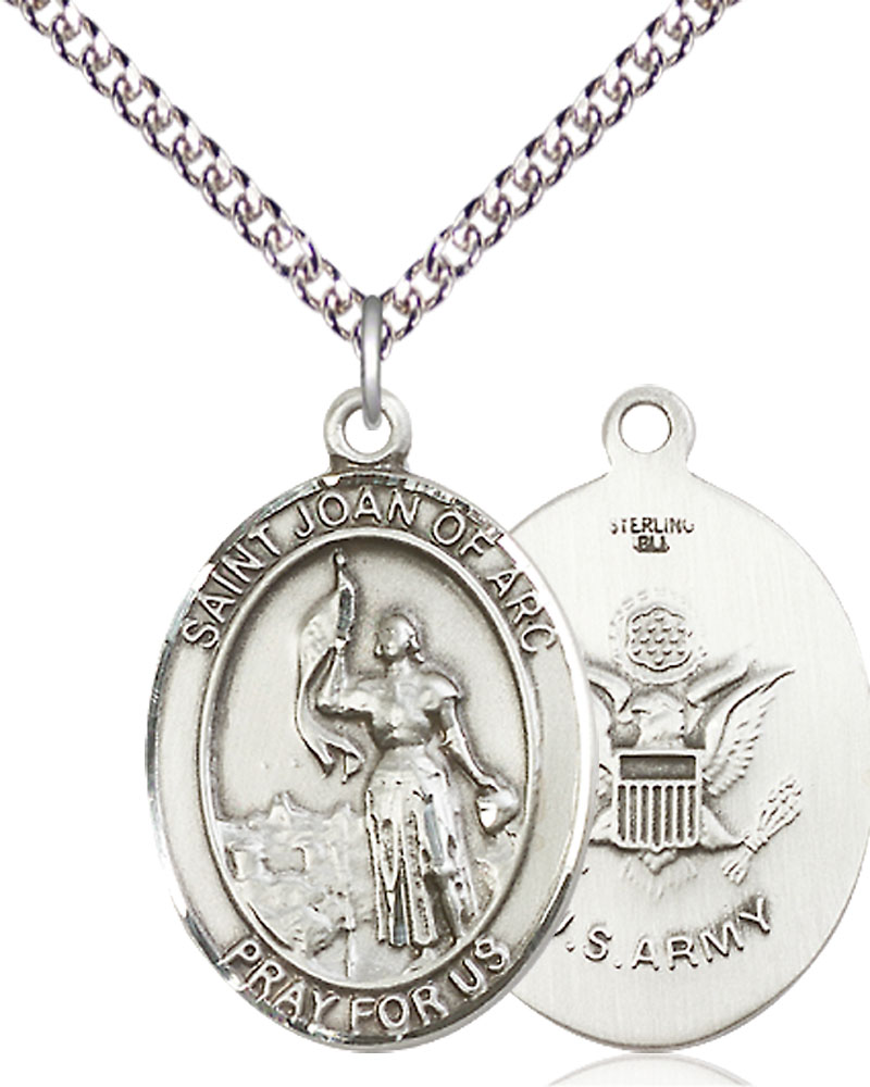 Sterling Silver Saint Joan of Arc Army Pendant on a 24 inch Sterling Silver Heavy Curb chain