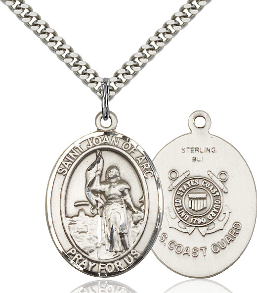 Sterling Silver Saint Joan of Arc  Coast Guard Pendant on a 24 inch Light Rhodium Heavy Curb chain