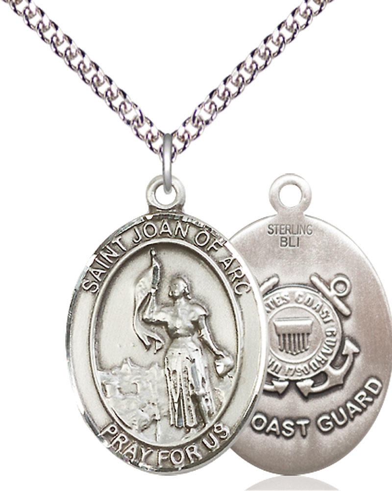 Sterling Silver Saint Joan of Arc  Coast Guard Pendant on a 24 inch Sterling Silver Heavy Curb chain