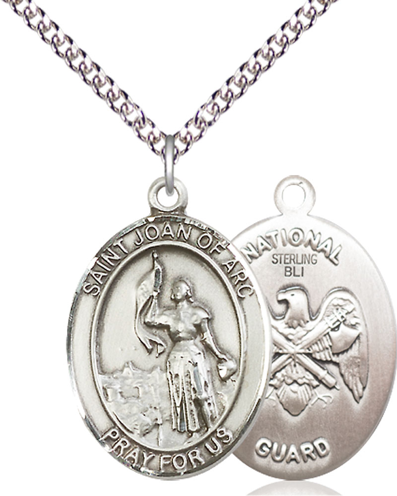 Sterling Silver Saint Joan of Arc National Guard Pendant on a 24 inch Sterling Silver Heavy Curb chain