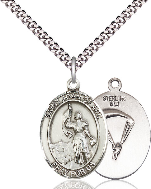 Sterling Silver Saint Joan of Arc Paratrooper Pendant on a 24 inch Light Rhodium Heavy Curb chain