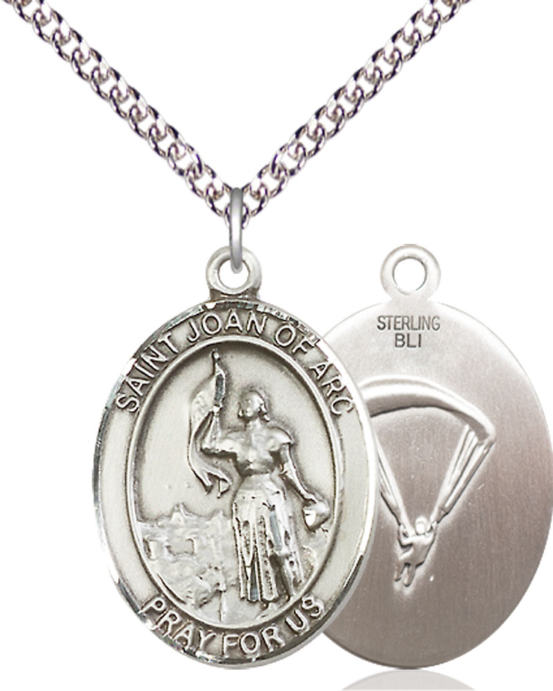 Sterling Silver Saint Joan of Arc Paratrooper Pendant on a 24 inch Sterling Silver Heavy Curb chain