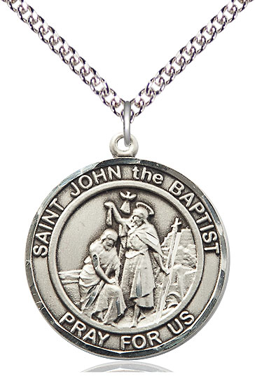Sterling Silver Saint John the Baptist Pendant on a 24 inch Sterling Silver Heavy Curb chain