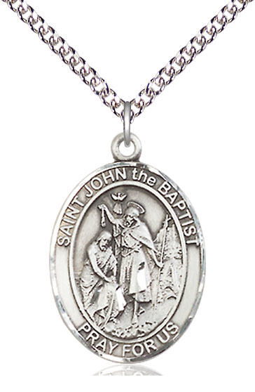 Sterling Silver Saint John the Baptist Pendant on a 24 inch Sterling Silver Heavy Curb chain