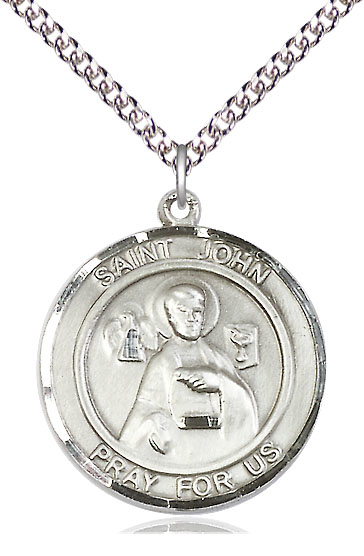 Sterling Silver Saint John the Apostle Pendant on a 24 inch Sterling Silver Heavy Curb chain