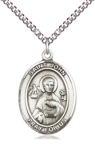 Sterling Silver Saint John the Apostle Pendant on a 24 inch Sterling Silver Heavy Curb chain