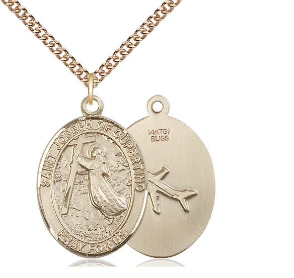 14kt Gold Filled Saint Joseph of Cupertino Pendant on a 24 inch Gold Filled Heavy Curb chain