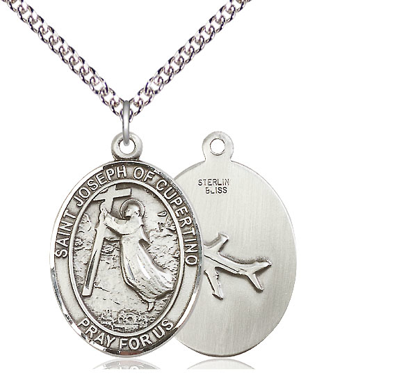 Sterling Silver Saint Joseph of Cupertino Pendant on a 24 inch Sterling Silver Heavy Curb chain