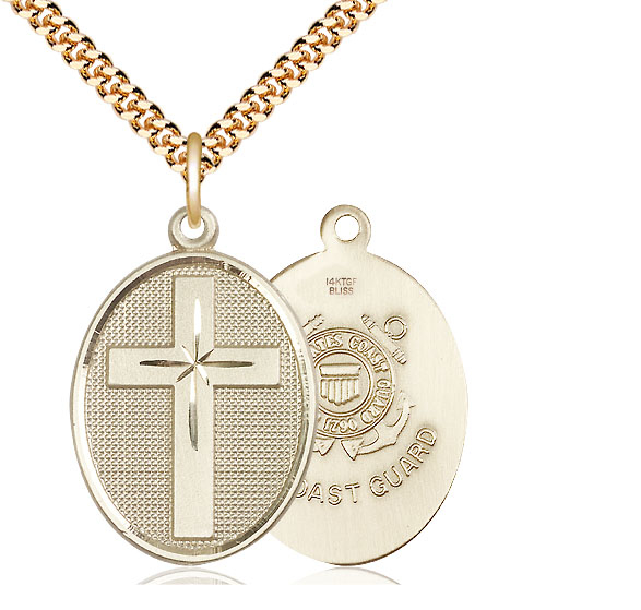 14kt Gold Filled Cross Coast Guard Pendant on a 24 inch Gold Plate Heavy Curb chain