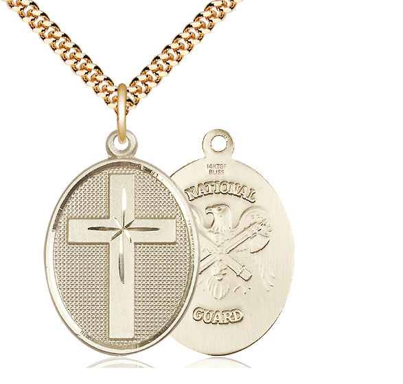 14kt Gold Filled Cross National Guard Pendant on a 24 inch Gold Plate Heavy Curb chain
