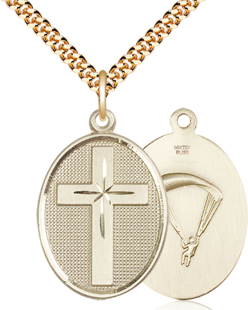 14kt Gold Filled Cross Paratrooper Pendant on a 24 inch Gold Plate Heavy Curb chain