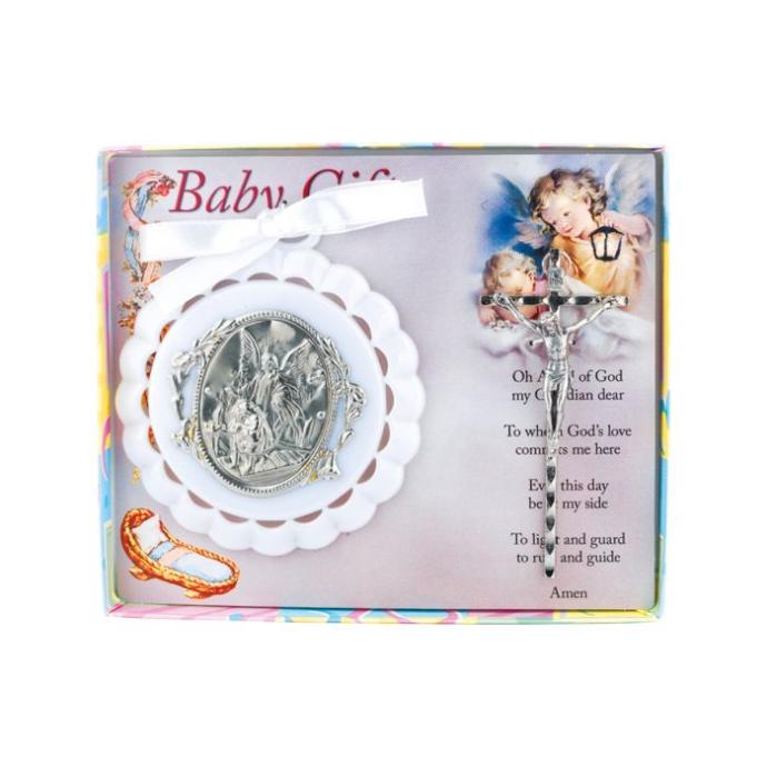 WHITE CRIB MEDAL WITH CRUCIFIX